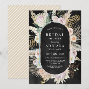 Dried Palm Boho Pampas Floral Black Bridal Shower Invitation