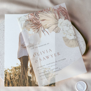 Dried Palm Leaves and White Orchids Boho Wedding Vellum Invitations