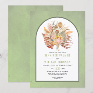 Dried palm leaves, pampas grass sage green wedding invitation