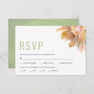 Dried palm leaves, pampas grass sage green wedding RSVP card