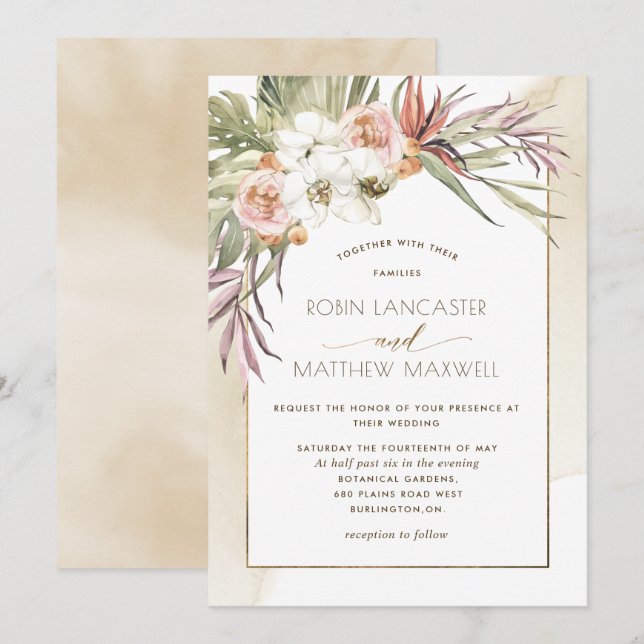 Dried Palm Leaves, Tropical Floral Cream Wedding Invitation (Front/Back)