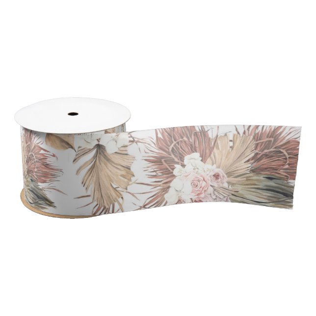 Dried Palm Leaves Tropical Foliage Watercolor Satin Ribbon (Spool)
