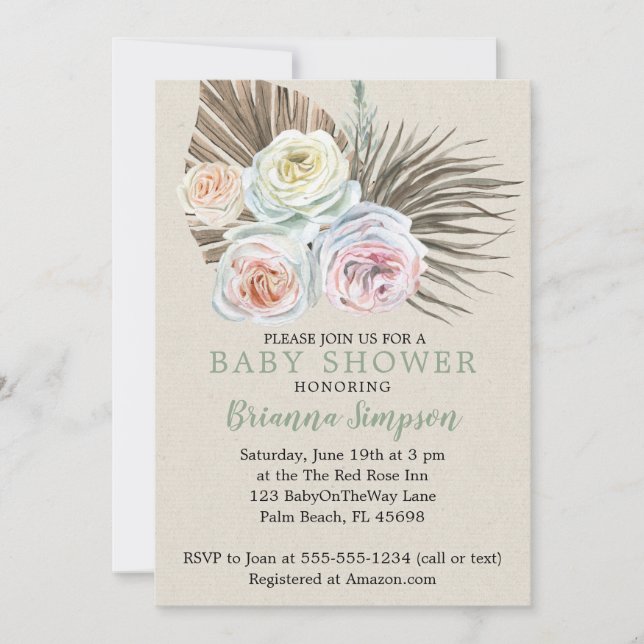 Dried Palm Modern Boho Floral Neutral Baby Shower Invitation (Front)
