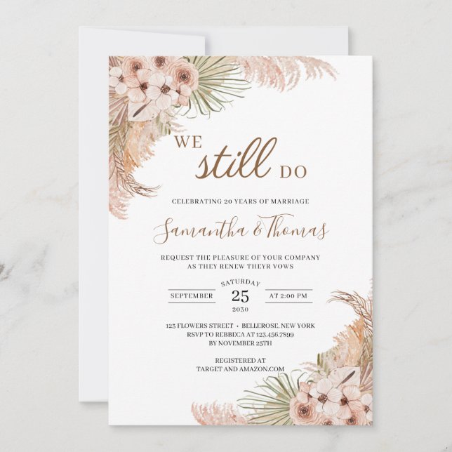 Dried Palm Pampas Grass Dusty Roses We Still Do Invitation (Front)