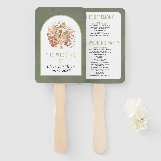 Dried palm pampas grass green wedding program hand fan (Front and Back)