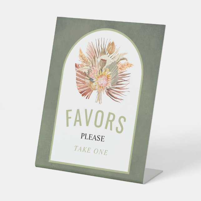 Dried palm pampas grass sage green wedding Favours Pedestal Sign (Front)