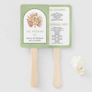 Dried palm pampas grass sage green wedding program hand fan