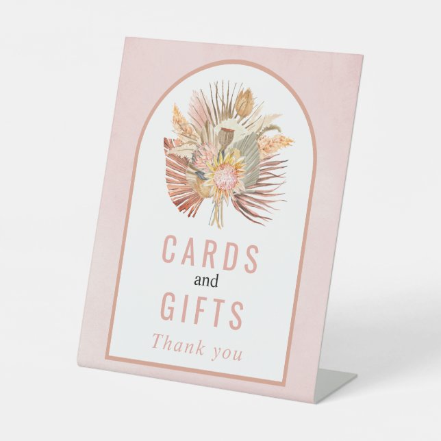 Dried palm, pampas grass soft pink wedding pedestal sign (Front)