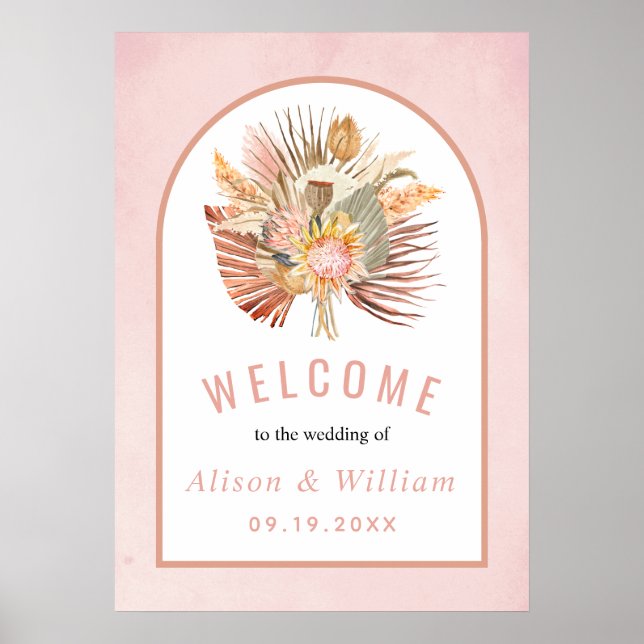 Dried palm pampas grass soft pink welcome wedding poster (Front)
