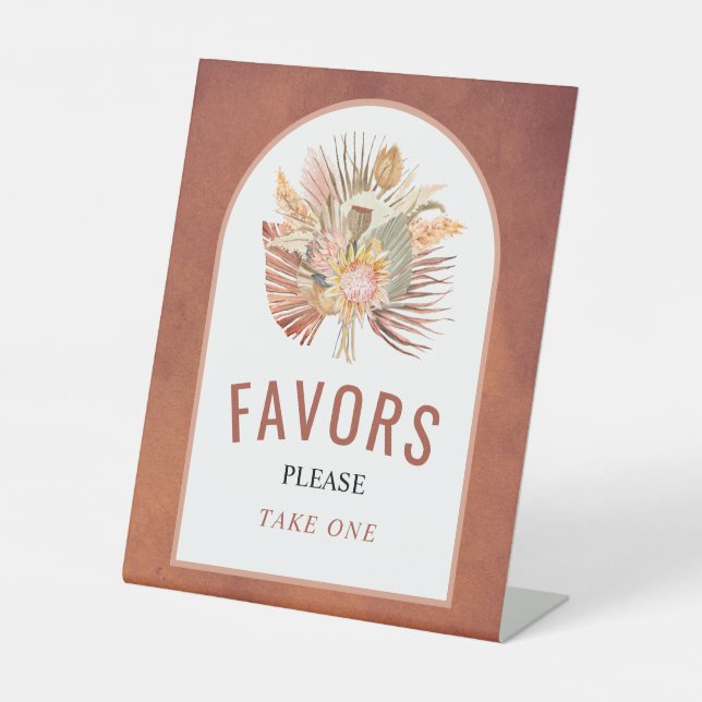 Dried palm pampas grass terracotta wedding Favours Pedestal Sign (Front)