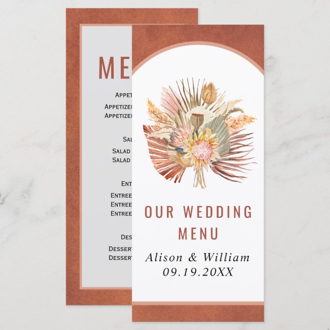 Dried palm pampas grass terracotta wedding menu (Front/Back)