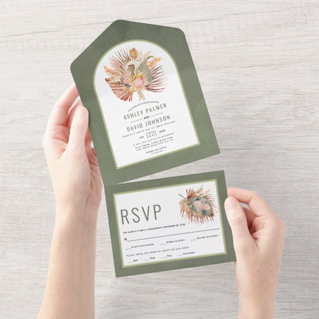 Dried palms and pampas grass green wedding    all  all in one invitation (Tearaway)