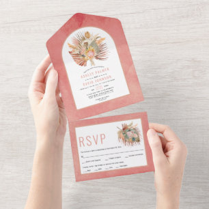 Dried palms and pampas grass pink wedding   all in all in one invitation
