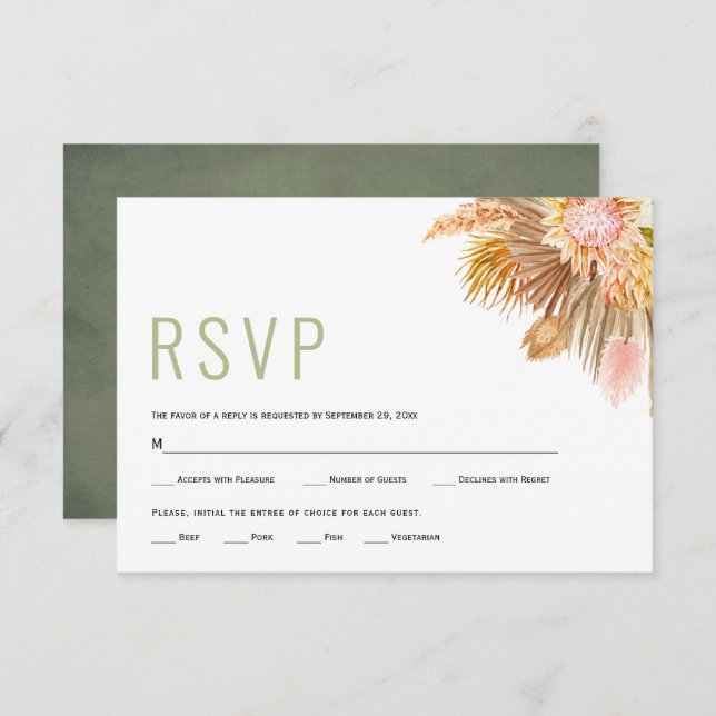 Dried palms and pampas grass sage green wedding RSVP card (Front/Back)