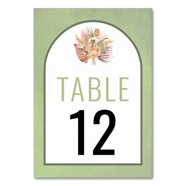 Dried palms and pampas grass sage green wedding table number (Back)