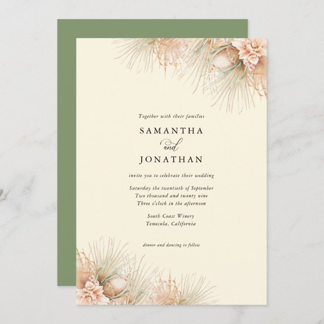 Dried Palms Boho Sage Green Wedding Invitation (Front/Back)