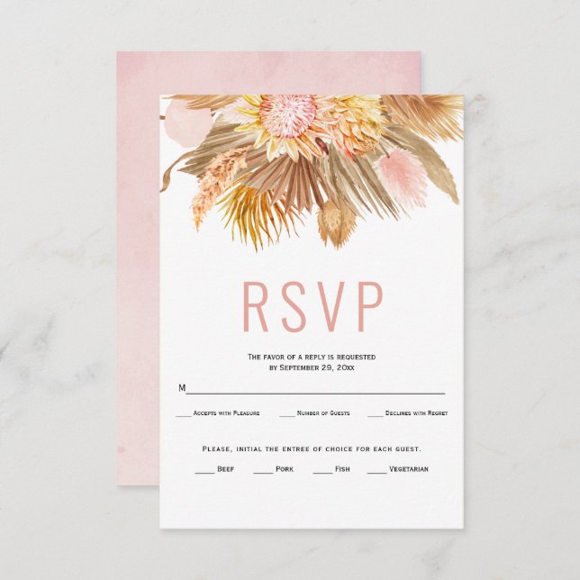 Dried palms, pampas grass soft pink wedding RSVP (Front/Back)