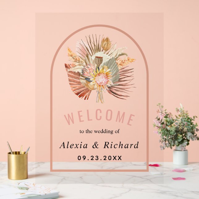 Dried palms, pampas grass terracotta pink wedding acrylic sign (Wedding)