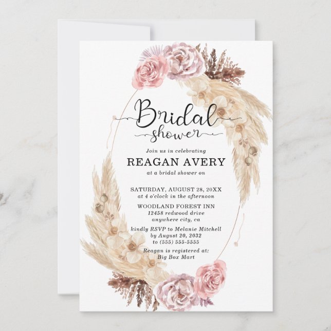 Dried Pampas Grass Floral Purple Bridal Shower Invitation (Front)