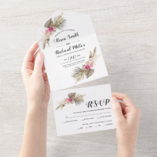 Dried pampas grass, palm leaves, roses wedding all in one invitation