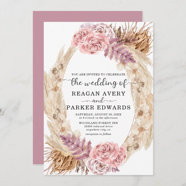 Dried Pampas Grass Rose and Purple Floral Wedding Invitation (Front/Back)