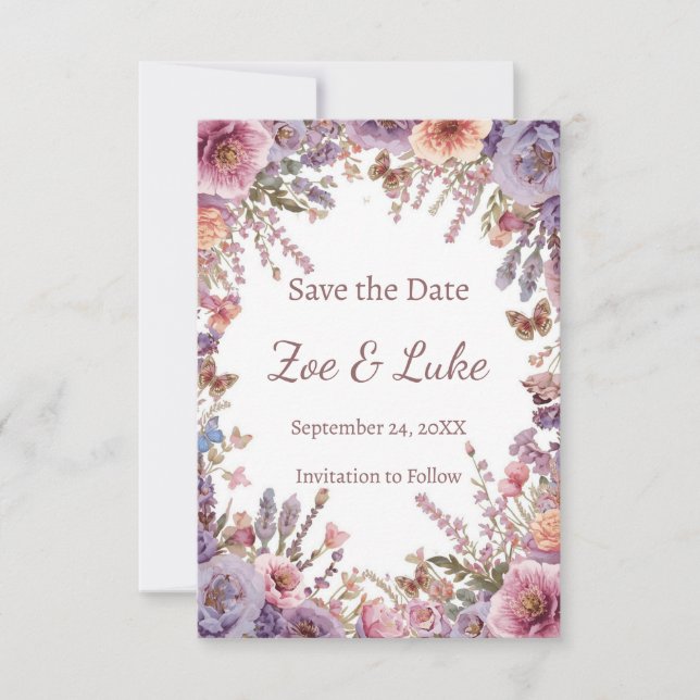 Dried Pressed Pink Lavender Wildflower STD Save The Date (Front)