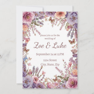Dried Pressed Pink Lavender Wildflower Wedding Invitation