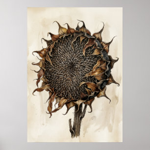 Dried Sunflower Botanical Print Vintage Nature I