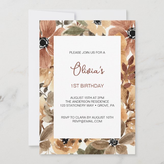 Dried Tropical Flowers First Birthday Invitation (Front)