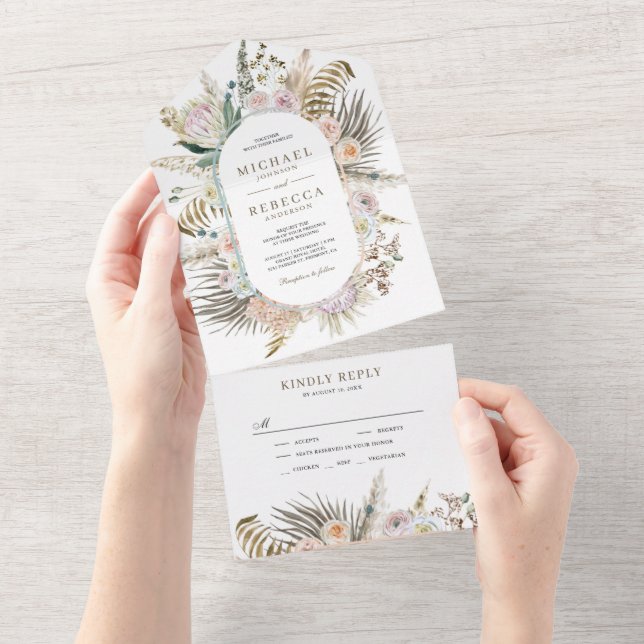 Dried Tropical Palm Pampas Grass Floral Wedding All In One Invitation (Tearaway)