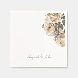 Dried White Roses Personalised Names Wedding Napkin