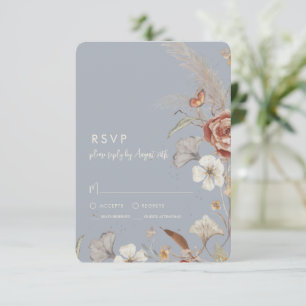 Dried Wildflower Floral BOHO Dusty Blue Wedding RSVP Card