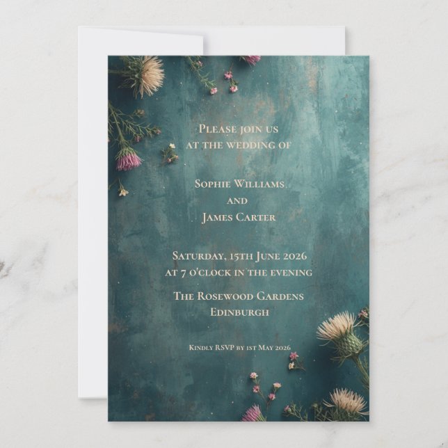 Dried Wildflower Teal Wedding Invitation | Moody (Front)