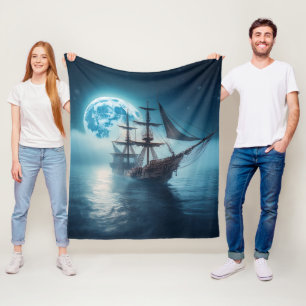 Drifting Ghost Ship Under Full Moon Fleece Blanket