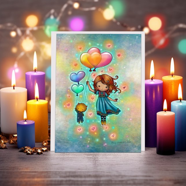 Drifting Heart Pals Girl and Kitty with Balloons Card (Creator Uploaded)