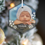 Drifting Snowflakes Baby Photo Add Name & Year Glass Tree Decoration<br><div class="desc">Beautiful glass Christmas ornament to celebrate your baby's first Christmas. Add a photo of your baby,  boy or girl,  and their name and the year. White snowflakes are printed on your photo to give it a beautifully wintery feel.</div>
