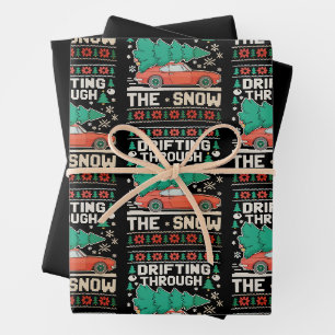 Drifting Through Snow Ugly Xmas Christmas Car Tree Wrapping Paper Sheet