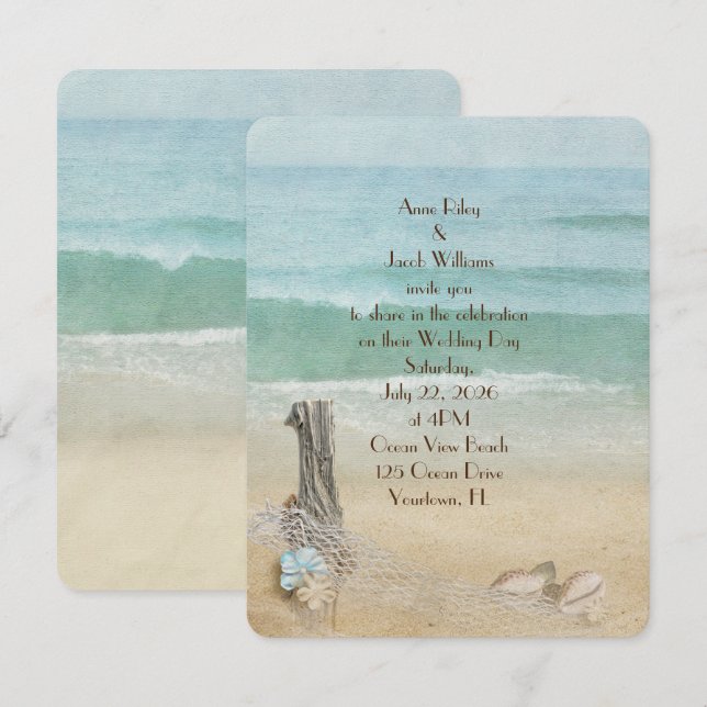 driftwood and nautical net beach wedding invitation (Front/Back)