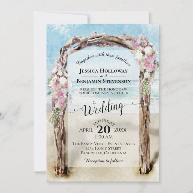 Driftwood Arch Pink & White Roses Beach Wedding Invitation (Front)