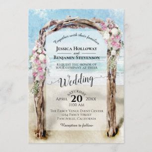 Driftwood Arch Pink & White Roses Beach Wedding Invitation