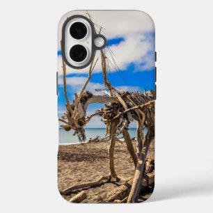 Driftwood artwork on Hokitika Beach, New Zealand iPhone 16 Case