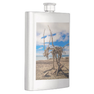 Driftwood artwork on Hokitika Beach, New Zealand Hip Flask