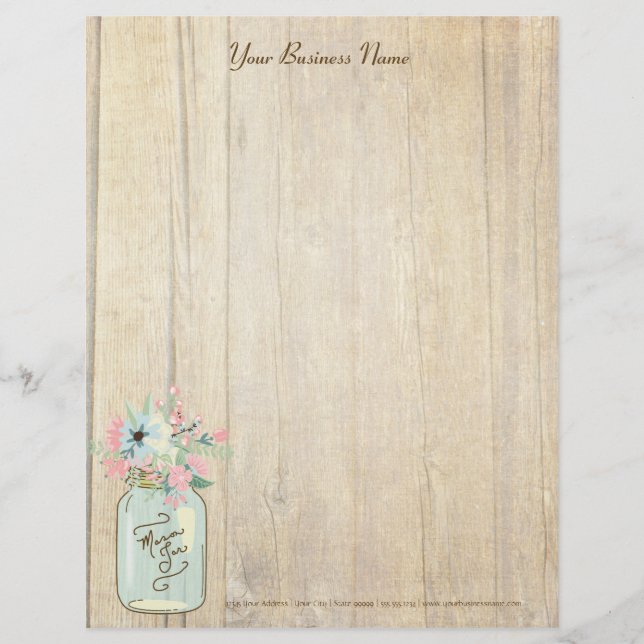 Driftwood Barn Wood Rustic Mason Jar Garden Floral Custom Letterhead (Front)