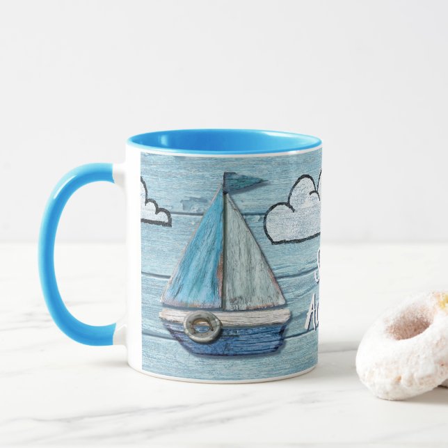 Driftwood Beach design Yacht 2 tone coffee mug. Mug (With Donut)