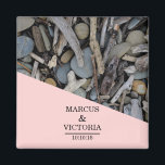 Driftwood beach wedding magnet<br><div class="desc">If you need any help customising this design please feel free to use the ask this designer button,  just below this text.
A design for a beach of river wedding. A pink banner and a photo of beach stones,  pebbles along with drift wood.</div>