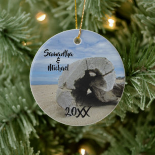 Driftwood Beach Wedding Newlywed First Christmas Ceramic Tree Decoration