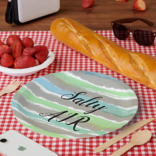Driftwood Grey Blue Green Stripes Salty Air Paper Plate