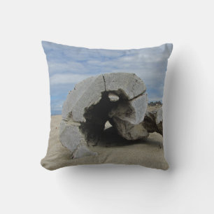 Driftwood Rests on Pacific Coast Sand Beach Time Cushion