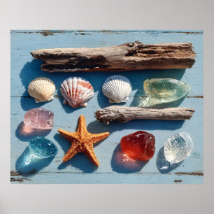 Driftwood Seashells Starfish and Sea Glass Poster