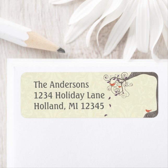 Driftwood Tree Orange Love Bird Return Address (Insitu)